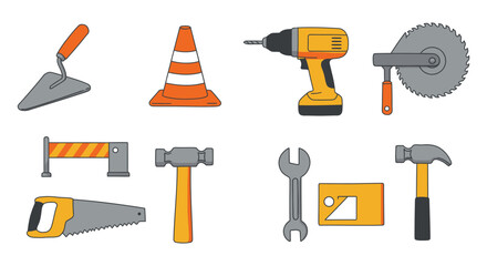Construction Tools and Safety Cone Icon Set