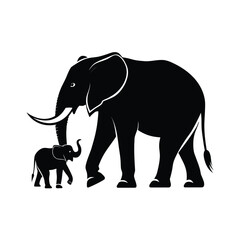 Fototapeta premium Majestic elephant and calf silhouette walking together on a clean white background