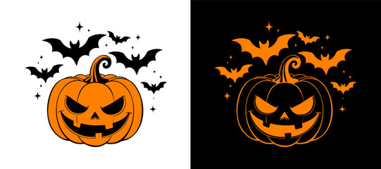 Halloween pumpkin vector art with playful bats and a spooky smile on contrasting backgrounds