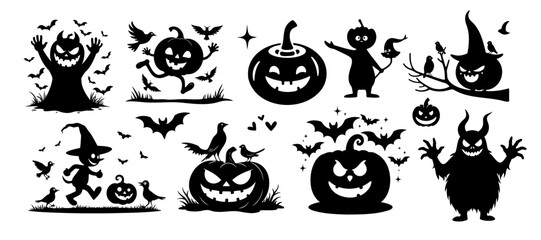 Fototapeta premium Halloween vector art set featuring fun spooky characters and playful decorations for celebrations