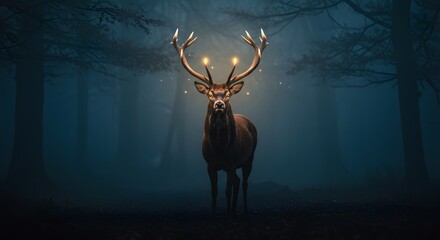 A majestic brown stag with glowing antlers stands in a dark, misty forest at night, illuminated by magical, ethereal lights