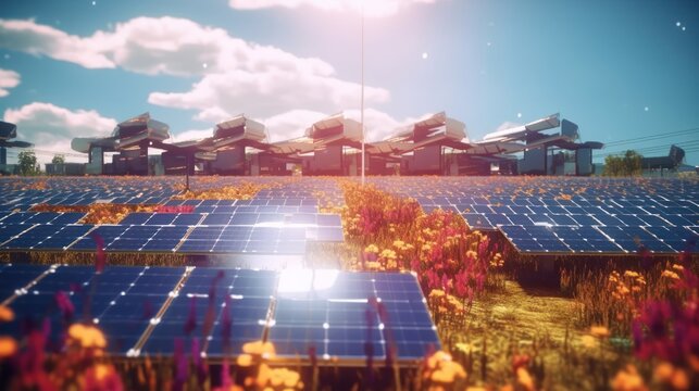 photorealistic, scenic view of a large solar power plant surrounded by nature, vibrant colors, dramatic sky, sunlight, scenic, 8k, highly detailed, cinemserene solar farm,atic, stunning, breathtaking
