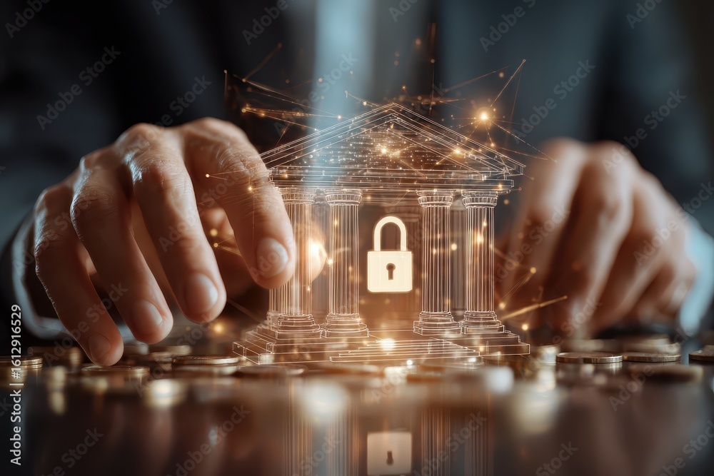Aufkleber digital security concept showcasing hands interacting with a virtual bank structure symbolizing prot