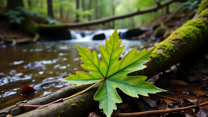 Mottled Green Maple Leaf on Wet Forest Floor near Stream.