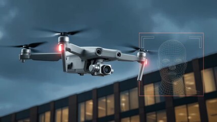 Drone facial recognition technology enhances urban night surveillance and security with advanced AI for precise edge scanning and monitoring - Powered by Adobe