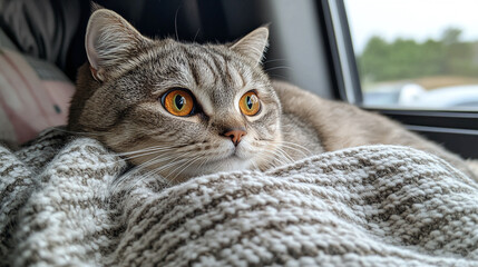 Adorable tabby cat with amber eyes resting comfortably on a soft blanket looking cute and cozy indoors