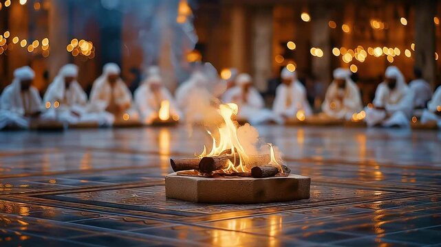 Group of people dressed in white traditional Parsi clothes, gathered near a small ceremonial fire outside a Zoroastrian fire temple at sunset. Parsi New Year