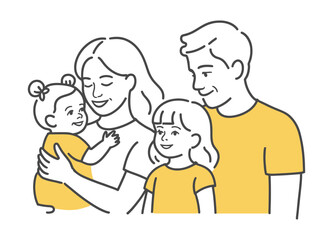 Minimal family icon showing four members—father, mother, child, and baby—illustrating unity, care, and togetherness in modern design.