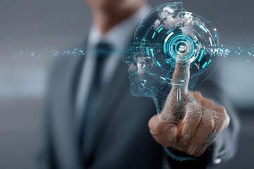 Businessman interacts with virtual intelligence interface in a modern office environment, showcasing the integration of technology and innovation in professional settings