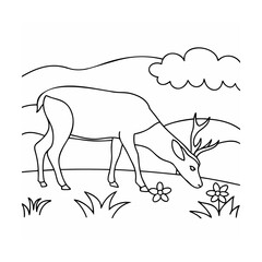 Deer grazing among flowers and grass under a cloudy sky