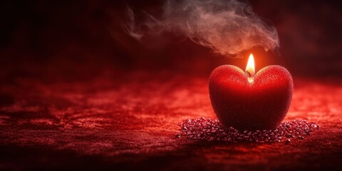 Heart-shaped candle glowing softly amidst a romantic setting on a dark red background