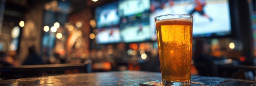 Excitement in a Sports Bar With a Cold Beer and a Blurred Game on Multiple Screens