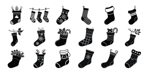 Collection of Christmas Stockings Hanging and Filled with Gifts in Black and White