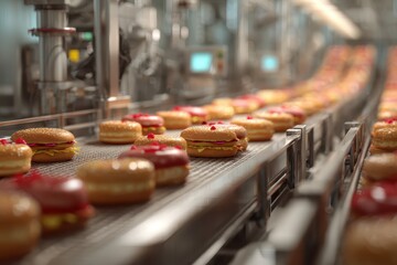 Automated food factory producing burgers in a highly efficient and organized environment during a busy production day