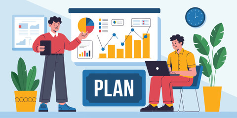 Minimal icon of strategic business planning with charts, teamwork, and tech setup illustrating organized decision-making and growth mindset.