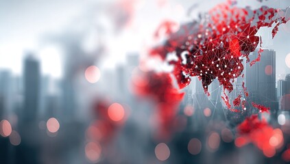 Red world map overlay against a blurred city skyline, connected by white lines and dots. The map is concentrated on Asia