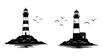 Black and White Lighthouse Silhouette with Birds Flying Over the Sea