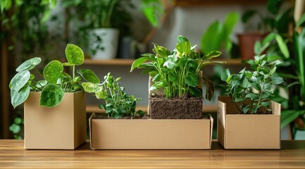 Several potted plants in cardboard boxes on a wooden table