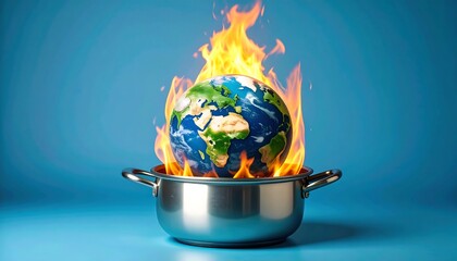 A burning globe sits inside a metal pot against a blue backdrop