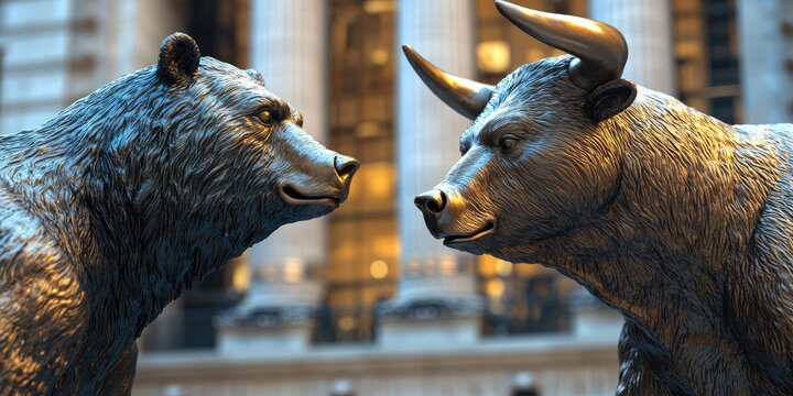 The famous bronze statues of a bull and a bear in front of the Stock Exchange building symbolize the opposing financial markets.