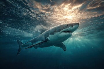 Fototapeta premium Majestic shark gliding through ocean depths with sunlight filtering through water in a breathtaking underwater landscape