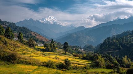 Obraz premium A stunning panorama of mountains, valleys, and beautiful terraced fields.