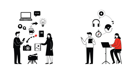 Creative Process Illustration with People Ideas and Media Elements