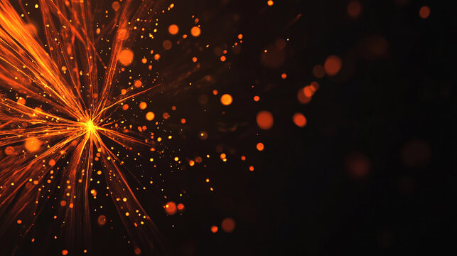 Glowing orange sparks burst from a central point against a dark background creating a dynamic and energetic visual