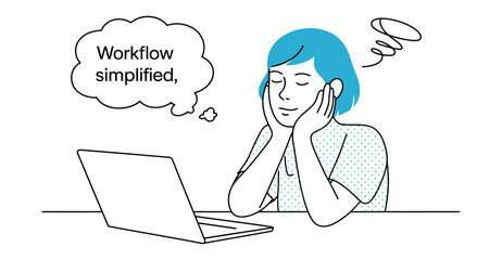 Minimal icon of focused user contemplating workflow improvement, featuring laptop, earbuds, and thought bubble.
