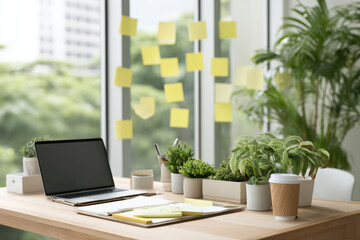 modern office desk with calendar and ar sticky notes surrounded by lush green plants