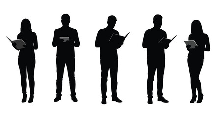 Silhouettes of men reading books and using a tablet device