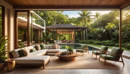 Fototapeta premium Luxurious villa living room with pool and tropical garden