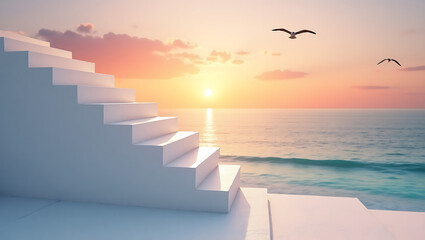 Minimalist White Concrete Steps at Ocean Sunset background.