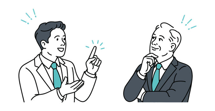 Minimal icon of business dialogue between professionals, symbolizing leadership, exchange of ideas, and effective workplace communication.