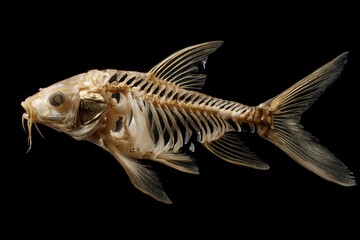 Naklejka premium Skeleton of a carp fish isolated against a black background showcasing details of bone structure and anatomical features in a clear presentation of marine biology