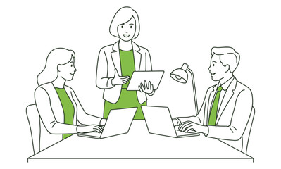 Minimal icon of professional team collaborating at desk with laptops and tablet, representing workplace communication and leadership.