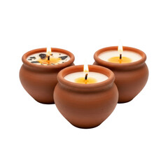 Three scented clay candles burning brightly on transparent background
