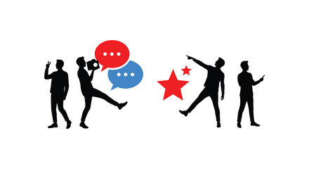 Silhouetted People with Speech Bubbles and Stars on White Background