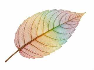 Obraz premium Colorful Transparent Leaf in Nature: Botanical Pattern with Autumn Fall Colors and Watercolor Effect on Light Background for Artistic Photography and Creative Illustration