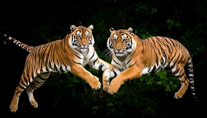 Two tigers leaping in mid-air against a dark background