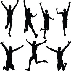 Dynamic Silhouettes of People Jumping with Exuberance Capturing Joyful Moments of Celebration and Movement in a Graphic Composition