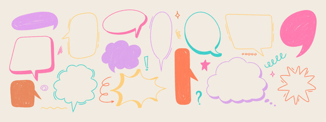Colorful crayon speech balloon collection. Hand drawn comic style text bubbles with rough chalk texture. Vector doodle speech clouds.