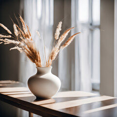 Naklejka premium Neutral table with dried flowers - white ceramic vase with dried herbs, natural light