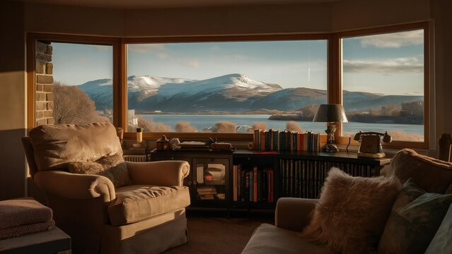 Cozy living room with bay window overlooking a serene mountain and water landscape