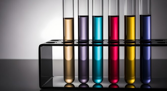 Colorful Liquids in Test Tubes on Reflective Surface in Lab
