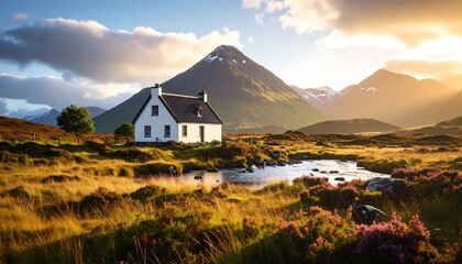 Tranquil Scottish Cottage  Mountains with Golden Hour Sunrise, and Scenic Landscape.