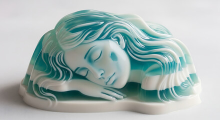 A sculpted soap bar depicting a sleeping woman with flowing, layered blue and white hair, resting on her arm.