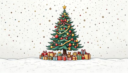 Obraz premium Festive Christmas Tree with Presents in Snowy Landscape. A charming illustration of a decorated Christmas tree with colorful ornaments and ribbons, surrounded by gifts and a teddy bear.