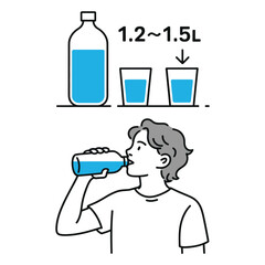 Minimal icon of daily hydration, featuring water intake guideline and person drinking, symbolizing wellness, self-care, and health awareness.