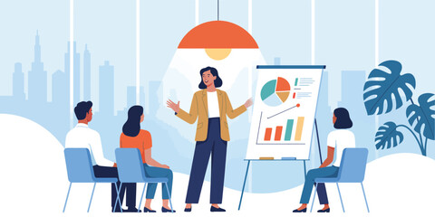 Minimal icon of business presentation scene, illustrating teamwork, data analysis, and corporate strategy in a professional meeting space.